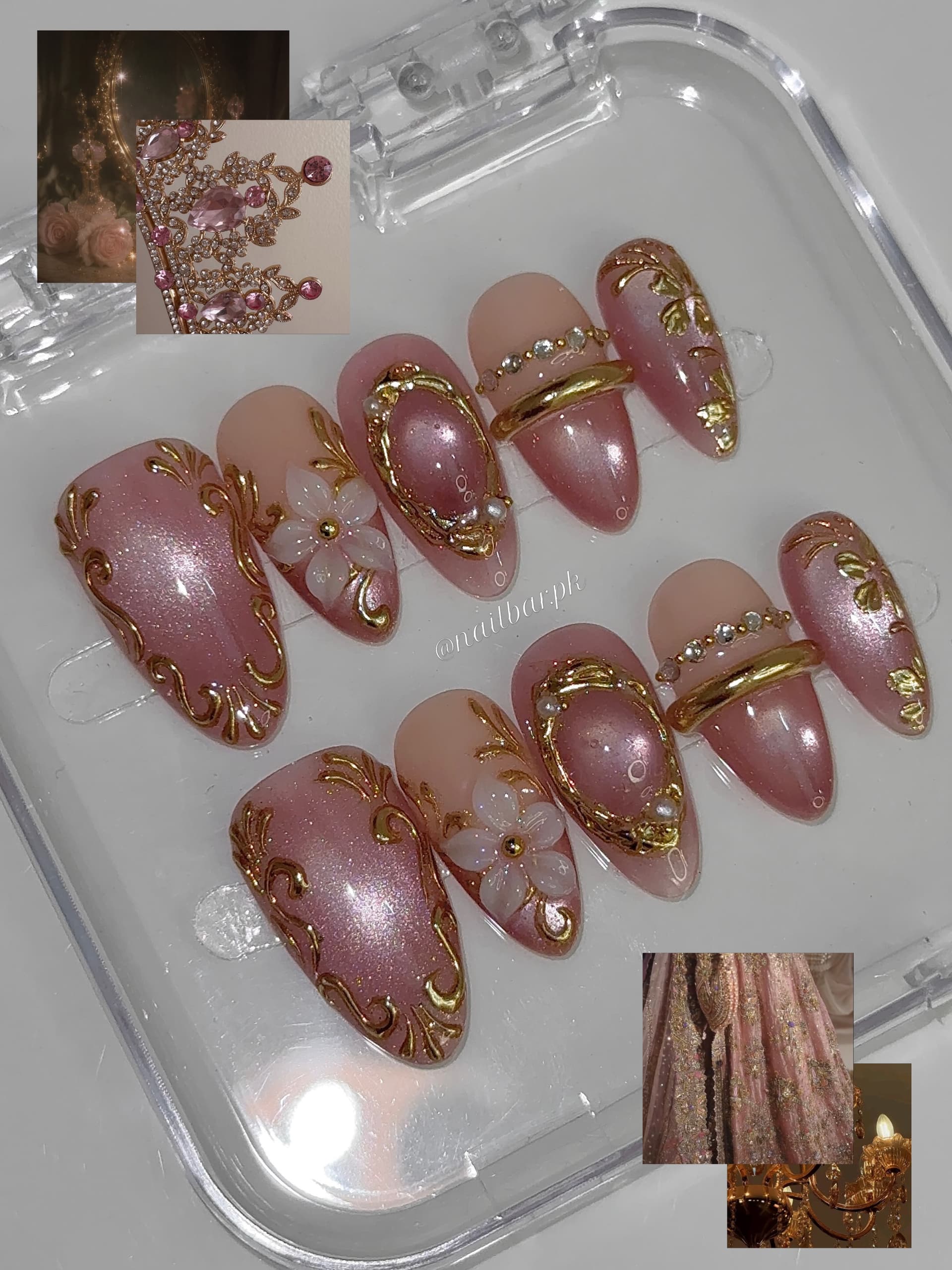 A rose and gold set with hand-painted scrollwork